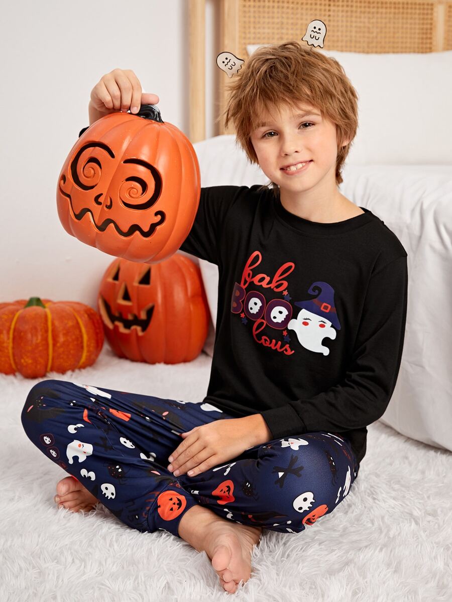 Boys Halloween Ghost & Letter Graphic PJ Set - Multicolor - View 1