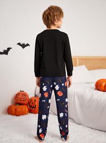 Boys Halloween Ghost & Letter Graphic PJ Set - Multicolor - View 2