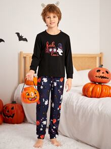 Boys Halloween Ghost & Letter Graphic PJ Set - Multicolor - View 4