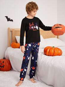 Boys Halloween Ghost & Letter Graphic PJ Set - Multicolor - View 5