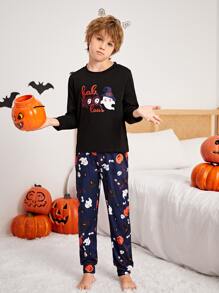 Boys Halloween Ghost & Letter Graphic PJ Set - Multicolor - View 6