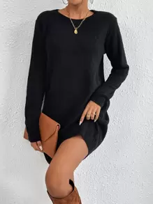 SHEIN Essnce 素色圓領毛衣洋裝不附腰帶 - 黑色 - 查看 1