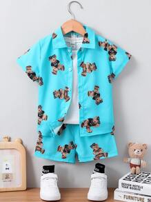 SHEIN 男童熊印花襯衫&短褲(不含背心) - 薄荷藍 - 查看 1