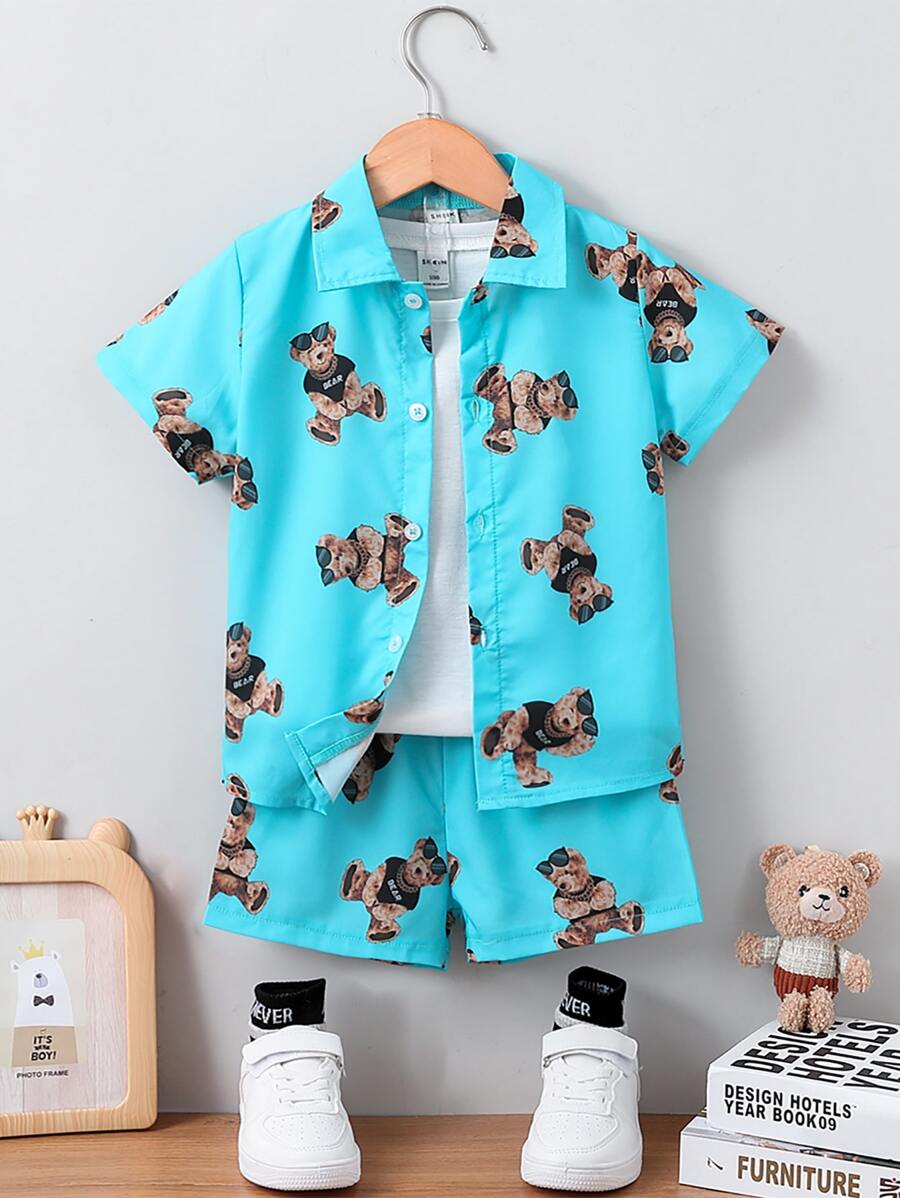 SHEIN 男童熊印花襯衫&短褲(不含背心) - 薄荷藍 - 查看 1