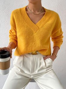 V Neck Drop Shoulder Jumper - Yellow - View 5