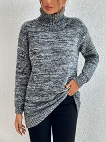 SHEIN Essnce Marled Knit Turtleneck Drop Shoulder Jumper - Multicolor - View 5