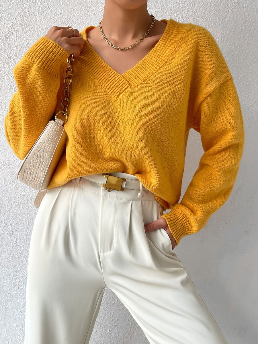 V Neck Drop Shoulder Jumper - Yellow - View 1