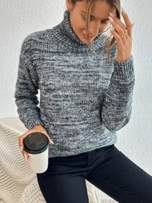 SHEIN Essnce Marled Knit Turtleneck Drop Shoulder Jumper - Multicolor - View 6