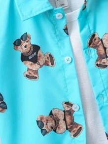 SHEIN 男童熊印花襯衫&短褲(不含背心) - 薄荷藍 - 查看 5