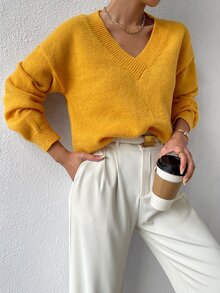 V Neck Drop Shoulder Jumper - Yellow - View 3