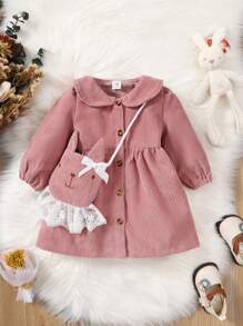 嬰兒娃娃領燈芯絨連衣裙附包 - 藕粉色 - 查看 1