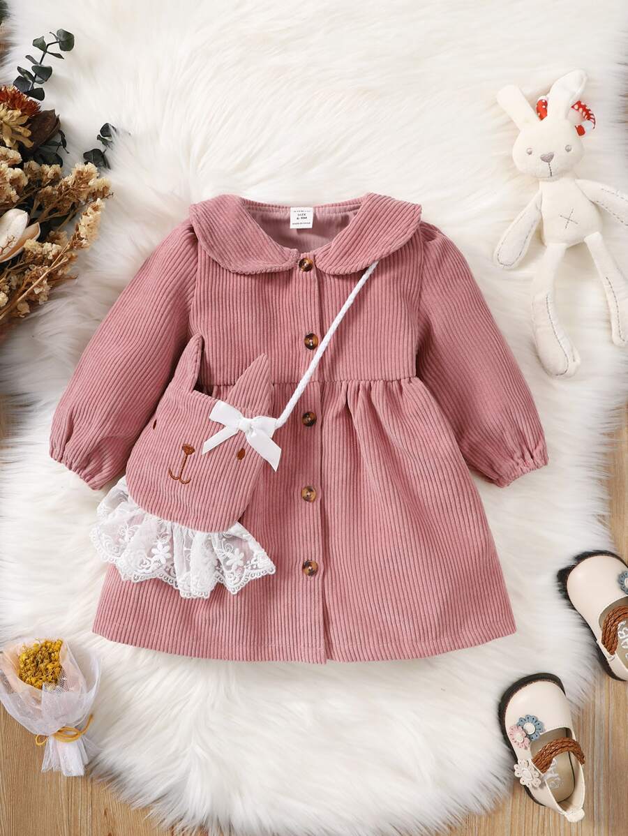 嬰兒娃娃領燈芯絨連衣裙附包 - 藕粉色 - 查看 1