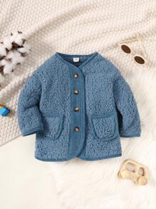 Baby Boy Pocket Patched Teddy Jacket - Dusty Blue - View 1