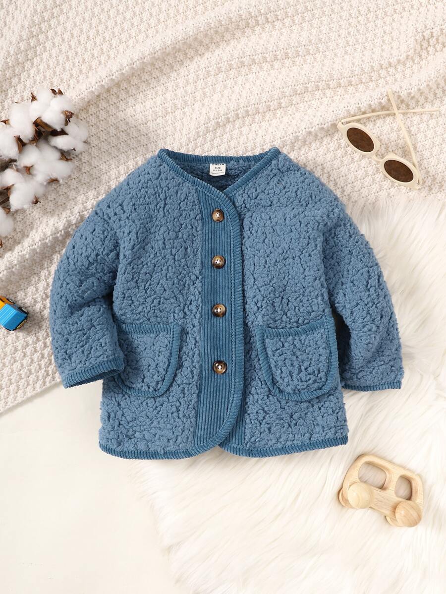 Baby Boy Pocket Patched Teddy Jacket - Dusty Blue - View 1