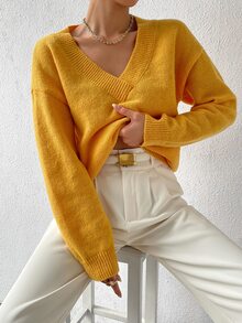 V Neck Drop Shoulder Jumper - Yellow - View 4