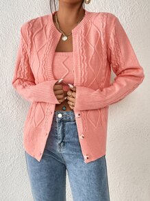Cable Knit Cardigan & Tube Knit Top - Coral Pink - View 4