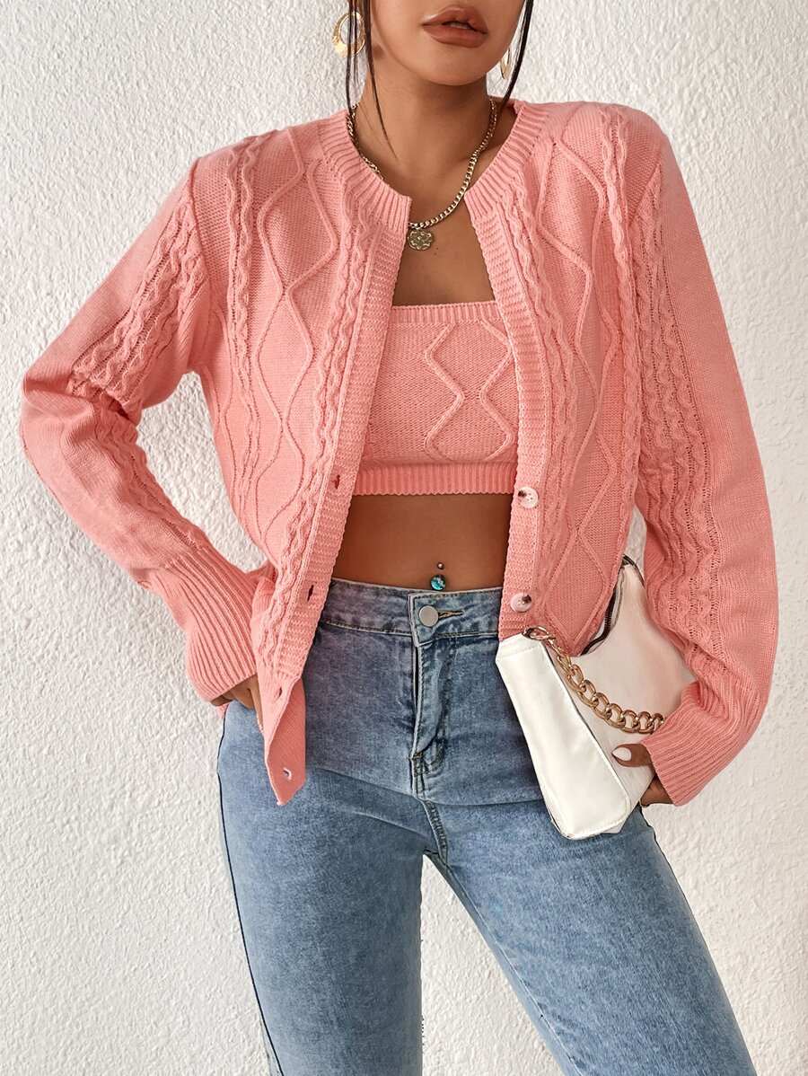 Cable Knit Cardigan & Tube Knit Top - Coral Pink - View 1