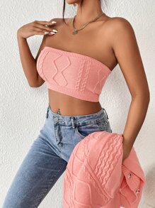 Cable Knit Cardigan & Tube Knit Top - Coral Pink - View 6