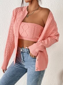 Cable Knit Cardigan & Tube Knit Top - Coral Pink - View 5