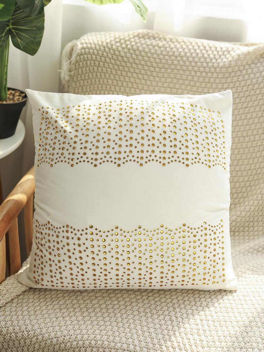 1pc Rhinestone Decor Cushion Cover Without Filler - Beige - View 1