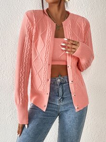 Cable Knit Cardigan & Tube Knit Top - Coral Pink - View 3