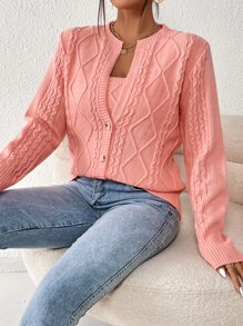Cable Knit Cardigan & Tube Knit Top - Coral Pink - View 7