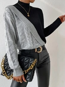 EMERY ROSE Two Tone Mock Neck Cable Knit Jumper - Multicolor - View 4