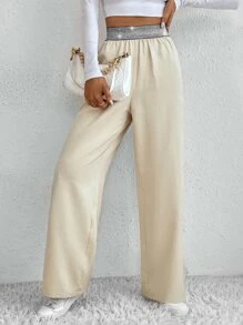 SHEIN Unity Contrast Tape Slant Pockets Wide Leg Pants - Apricot - View 3