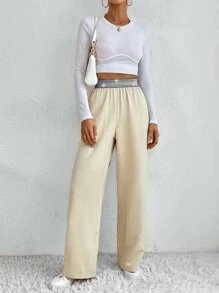 SHEIN Unity Contrast Tape Slant Pockets Wide Leg Pants - Apricot - View 4