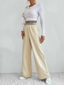 SHEIN Unity Contrast Tape Slant Pockets Wide Leg Pants - Apricot - View 5