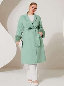 Modelyn Plus Fuzzy Cuff Belted Overcoat - Mint Blue - View 2