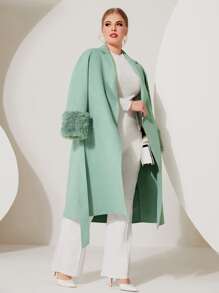 Modelyn Plus Fuzzy Cuff Belted Overcoat - Mint Blue - View 1