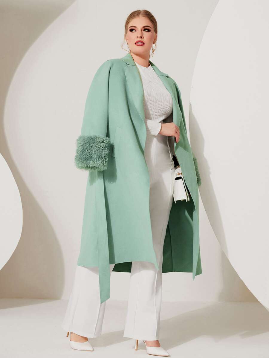 Modelyn Plus Fuzzy Cuff Belted Overcoat - Mint Blue - View 1