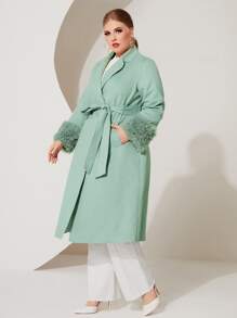 Modelyn Plus Fuzzy Cuff Belted Overcoat - Mint Blue - View 4