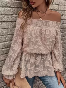 Breezaya Fuzzy Shirred Frill Trim Peplum Blouse Off The Shoulder Peplum Top - Dusty Pink - View 1