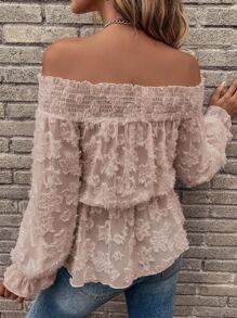 Breezaya Fuzzy Shirred Frill Trim Peplum Blouse Off The Shoulder Peplum Top - Dusty Pink - View 2