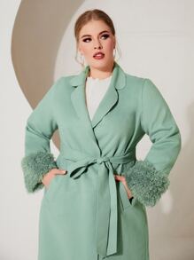 Modelyn Plus Fuzzy Cuff Belted Overcoat - Mint Blue - View 5