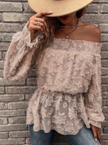 Breezaya Fuzzy Shirred Frill Trim Peplum Blouse Off The Shoulder Peplum Top - Dusty Pink - View 3