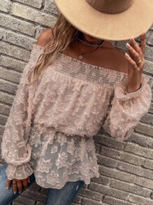 Breezaya Fuzzy Shirred Frill Trim Peplum Blouse Off The Shoulder Peplum Top - Dusty Pink - View 4