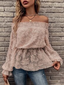 Breezaya Fuzzy Shirred Frill Trim Peplum Blouse Off The Shoulder Peplum Top - Dusty Pink - View 5