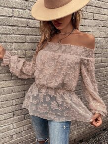 Breezaya Fuzzy Shirred Frill Trim Peplum Blouse Off The Shoulder Peplum Top - Dusty Pink - View 6