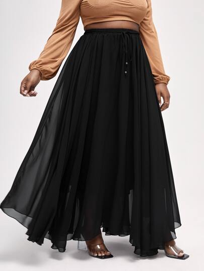 Mindsi Designer Plus Size Women Summer Casual Black Chiffon Asymmetrical Long Hemline Skirt, For Summer, Festival