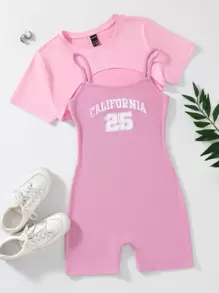 SHEIN Unity High Low Hem Crop Top & Letter Graphic Cami Romper - Pink - View 1