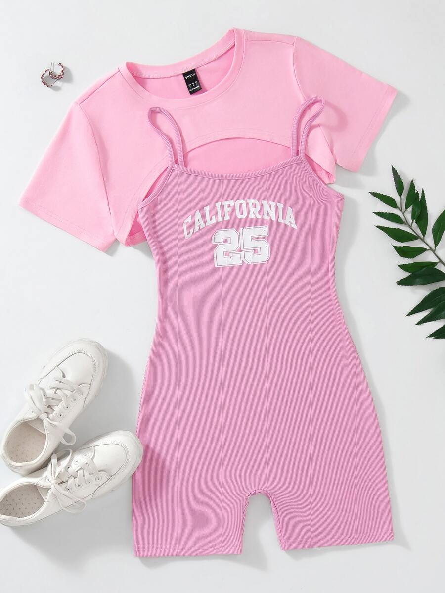 SHEIN Unity High Low Hem Crop Top & Letter Graphic Cami Romper - Pink - View 1