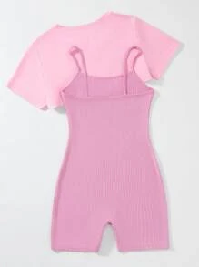 SHEIN Unity High Low Hem Crop Top & Letter Graphic Cami Romper - Pink - View 2