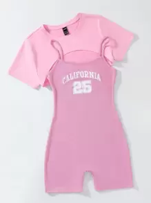 SHEIN Unity High Low Hem Crop Top & Letter Graphic Cami Romper - Pink - View 3