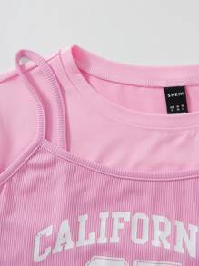 SHEIN Unity High Low Hem Crop Top & Letter Graphic Cami Romper - Pink - View 8