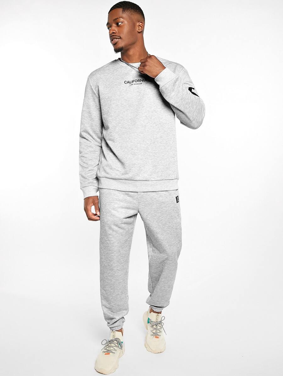 Manfinity Men Letter Graphic Drop Shoulder Pullover & Joggers Set - Light Grey - View 1