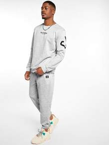 Manfinity Men Letter Graphic Drop Shoulder Pullover & Joggers Set - Light Grey - View 5