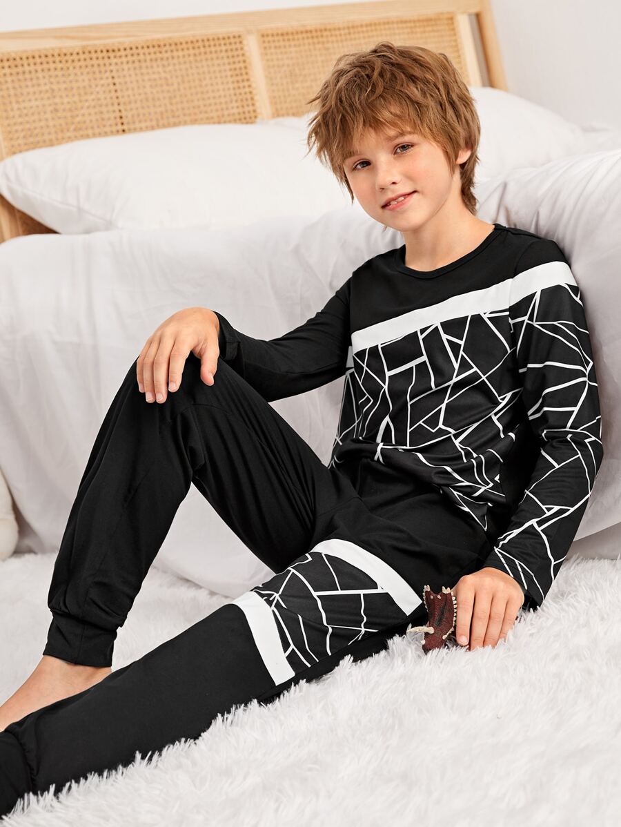 Niños Conjunto de pijama con estampado geométrico - Blanco y Negro - Ver 1